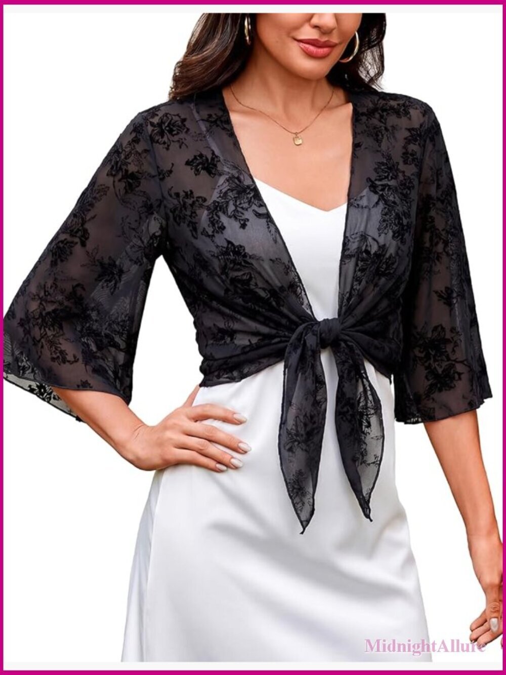 Women's Bolero Shrug Cardigan Tie Front 3/4 Sleeve Cropped Lightweight Jacket